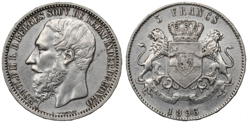 Belgique Congo, 5 francs 1896 W pełni czytelny przykład bardzo rzadkiej emisji. ...