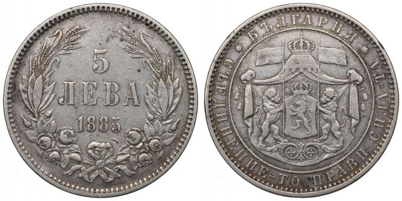 Bulgaria, 5 leva 1885 Obiegowy przykład lubianej emisji. Awers: herb, w otoku ze...