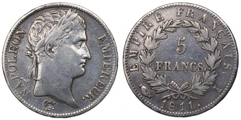 France, 5 francs 1811 Obiegowy przykład tej emisji. Awers: głowa Napoleona w wie...