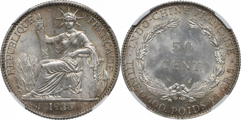 French Indochina, 50 cents 1936 - NGC MS64 Wyśmienicie zachowany przykład lubian...
