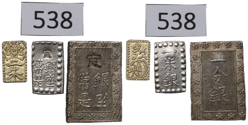 Japan, Komei 1847-1866, lot 1 shu, 1 bu and 2 shu Piękne przykłady trzech japońs...