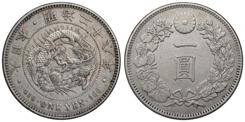 Japan, 1 yen 1896 Ładny przykład tej emisji z dobrze zachowanymi detalami. Awers...