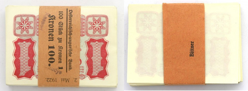Austria, paczka bankowa 1 korona 1922 (100 szt.) Paczka bankowa z oryginalną ban...