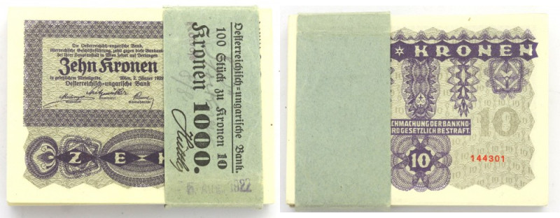 Austria, paczka bankowa 10 koron 1922 (100 szt.) Paczka bankowa z oryginalną ban...