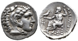 Kingdom of Macedon. Alexander III (the Great), 336-323 B.C. AR Drachm, Lampsakos (17mm. 4,0 g) Head of Herakles right, wearing lion skin. Reverse: Zeu...