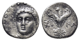 PAPHLAGONIA. Sinope. (Circa 330-300 BC). AR Trihemiobol (11mm, 1.44 g) Obv. Head of Sinope facing slightly left. Rev. ΣI-NΩ Eagle flying upward, head ...