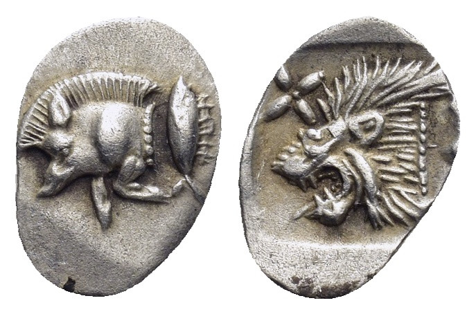 Mysia. Kyzikos circa 525-475 BC. Hemiobol AR (8mm, 0,35 g) Forepart of boar to l...