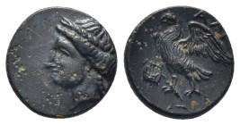 CARIA, Halikarnassos . Circa 2nd - 1st Century BC. Æ (12mm, 1.49 g). Laureate head of Apollo left / A[LI], eagle standing left with open wings; lyre b...