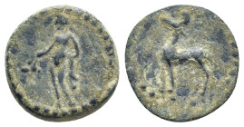 Asia Minor, Uncertain mint. 1st century B.C. Æ (14mm, 2.57 g). Aphrodite(?) standing left, holding branch and drapery / Stag standing left.