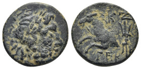 Pisidia, Termessos, AE, 1st century BC. (4 Gr. 18mm.)
Laureate head of Zeus right. 
Rev: TEP, Forepart of horse, left; thunderbolt to left.