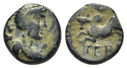 Pisidia. Termessos Major circa 100-0 BC. AE. (2 Gr. 11mm.)
Laureate, and draped bust right (Artemis ?)
Rev. Humped bull jumping left, TEP below.