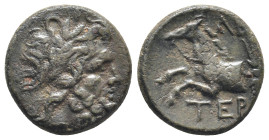 Pisidia, Termessos, AE, 1st century BC. (4.46 Gr. 16mm.)
Laureate head of Zeus right. 
Rev: TEP, Forepart of horse, left; thunderbolt to left.