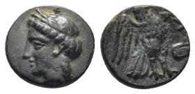 CARIA, Halikarnassos. Mid 4th-3rd centuries BC. AE. (1.12 Gr. 10mm.)
Laureate head of Apollo left 
Rev. Eagle standing left; lyre to right.
