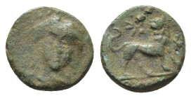 Ionia, Miletos. Civic issue. Ca. 260-220 B.C. AE (1 Gr. 10mm.)
 Laureate and draped bust of Apollo facing slightly left 
Rev. Magistrate's name beneat...