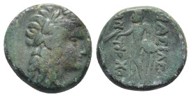 SELEUKID KINGDOM. Antiochos III Megas.(Circa 223-187 BC).AE. Sardes. (3.60 Gr. 14mm.)
Laureate head of Apollo right. 
Rev. Apollo standing left, exami...