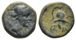 PISIDIA. Isinda. Time of Amyntas(?), circa 36-25 BC. (3.39 Gr. 14mm.)
Head of Artemis to right, bow and quiver over shoulder.
 Rev. IΣIN Macedonian he...