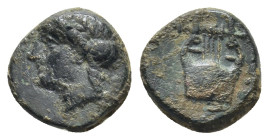 CARIA. Halikarnassos. Circa 400-380 BC. AE (1.51 Gr. 10mm.) 
 Laureate head of Apollo left. 
Rev. Lyre.