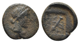 LYCIAN LEAGUE. Cragus (?), c. 30-27 BC. AE (1 Gr. 10mm.).
 Laureate head of Artemis right. 
Rev. Crossed bow and quiver within incuse square and dotte...