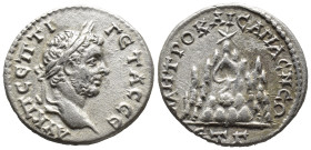 Cappadocia. Caesarea. Geta AD 198-211. Drachm AR (17mm, 3,2 g) AV K Π CEΠTI ΓΕΤAC CEB, laureate head right / MHTPO KAICAPIA ΝΕΩ/ ET Γ, Mt. Argaeus sur...