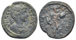 CILICIA, Isaura. Geta, as Caesar. 198-209 AD. Æ (20mm, 3,6 g). Laureate and cuirassed bust right, aegis on cuirass / Hercules standing right, holding ...