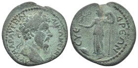 CILICIA. Syedra. Marcus Aurelius (161-180). Ae. (23mm, 6.95 g) Obv: ΑVΤ ΜΑΡ ΑVΡΗΛ ΑΝΤΩΝΙΝΟС. Laureate head right. Rev: СVЄΔΡЄΩΝ. Athena standing left,...