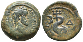 EGYPT, Alexandria. Antoninus Pius. AD 138-161. Æ Obol (19mm, 5.8 g). Dated RY 4 (AD 153/4). Laureate head right / Dolphin coiled around trident.
