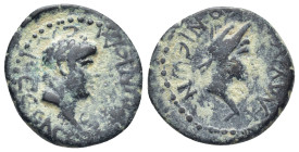 LYCAONIA, Iconium. Nero. AD 54-68. Æ (21mm, 5,23 g). Struck AD 62-65. Laureate head of Nero right / Veiled head of Perseus right; [harpa to right].
