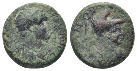 LYCAONIA, Iconium. Titus. As Caesar, AD 69-79. Æ (19mm, 7,61 g). Laureate and cuirassed bust of Titus right / Heroic bust of Perseus, seen from behind...
