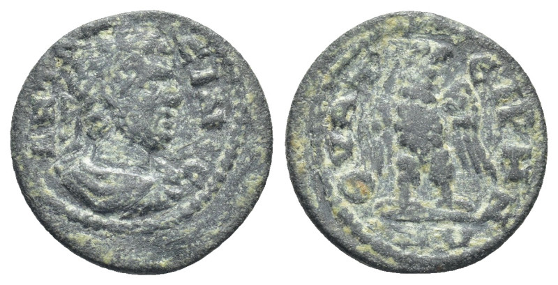 Lydia. Thyateira . Caracalla AD 211-217. Bronze Æ (15mm, 1,79 g). Laureate, drap...