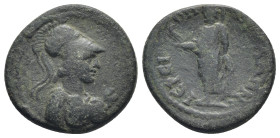 Lydia. Tripolis? Pseudo-autonomous issue Bronze Æ (19mm, 5,31 g) Helmeted bust of Athena right, wearing aegis / , Zeus standing left, holding eagle an...