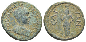 Pisidia, Selge. Hostilian (AD 251). . Æ (24mm, 7,23 g). Bare-headed, draped and cuirassed bust r. R/ Nemesis standing l., holding sceptre and raising ...