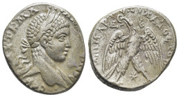 Syria. Antioch. Caracalla AR Tetradrachm, . (22mm, 13,12 g) AD 244-249. Laureate, draped and cuirassed bust right / ΔHMAPX EΞ YΠATOC TO B, eagle stand...