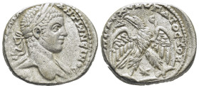 Syria. Antioch. Caracalla AR Tetradrachm, . (22mm, 13,92 g) AD 244-249. Laureate, draped and cuirassed bust right / ΔHMAPX EΞ YΠATOC TO B, eagle stand...