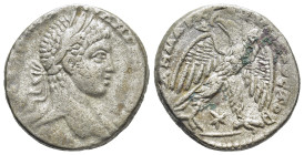 Syria. Antioch. Caracalla AR Tetradrachm, . (23mm, 11,47 g) AD 244-249. Laureate, draped and cuirassed bust right / ΔHMAPX EΞ YΠATOC TO B, eagle stand...