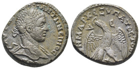Syria. Antioch. Caracalla AR Tetradrachm, . (23mm, 12,0 g) AD 244-249. Laureate, draped and cuirassed bust right / ΔHMAPX EΞ YΠATOC TO B, eagle standi...