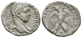 Syria. Antioch. Caracalla AR Tetradrachm, . (23mm, 12,39 g) AD 244-249. Laureate, draped and cuirassed bust right / ΔHMAPX EΞ YΠATOC TO B, eagle stand...