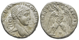 Syria. Antioch. Caracalla AR Tetradrachm, . (23mm, 12,78 g) AD 244-249. Laureate, draped and cuirassed bust right / ΔHMAPX EΞ YΠATOC TO B, eagle stand...