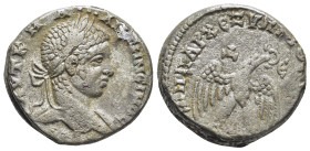 Syria. Antioch. Caracalla AR Tetradrachm, . (23mm, 13,53 g) AD 244-249. Laureate, draped and cuirassed bust right / ΔHMAPX EΞ YΠATOC TO B, eagle stand...