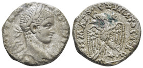 Syria. Antioch. Caracalla AR Tetradrachm, . (23mm, 9,48 g) AD 244-249. Laureate, draped and cuirassed bust right / ΔHMAPX EΞ YΠATOC TO B, eagle standi...