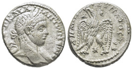 Syria. Antioch. Caracalla AR Tetradrachm, . (24mm, 12,49 g) AD 244-249. Laureate, draped and cuirassed bust right / ΔHMAPX EΞ YΠATOC TO B, eagle stand...