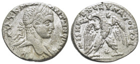 Syria. Antioch. Caracalla AR Tetradrachm, . (24mm, 12,86 g) AD 244-249. Laureate, draped and cuirassed bust right / ΔHMAPX EΞ YΠATOC TO B, eagle stand...