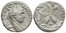 Syria. Antioch. Caracalla AR Tetradrachm, . (24mm, 12,92 g) AD 244-249. Laureate, draped and cuirassed bust right / ΔHMAPX EΞ YΠATOC TO B, eagle stand...