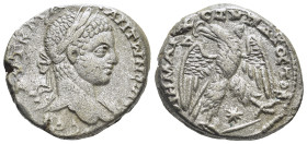 Syria. Antioch. Caracalla AR Tetradrachm, . (24mm, 13,66 g) AD 244-249. Laureate, draped and cuirassed bust right / ΔHMAPX EΞ YΠATOC TO B, eagle stand...