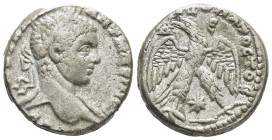Syria. Antioch. Caracalla AR Tetradrachm, . (24mm, 15,11 g) AD 244-249. Laureate, draped and cuirassed bust right / ΔHMAPX EΞ YΠATOC TO B, eagle stand...
