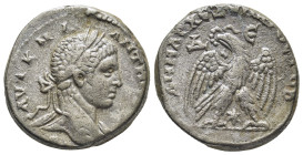 Syria. Antioch. Caracalla AR Tetradrachm, . (24mm, 15,16 g) AD 244-249. Laureate, draped and cuirassed bust right / ΔHMAPX EΞ YΠATOC TO B, eagle stand...