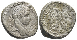 Syria. Antioch. Caracalla AR Tetradrachm, . (254m, 14,46 g) AD 244-249. Laureate, draped and cuirassed bust right / ΔHMAPX EΞ YΠATOC TO B, eagle stand...