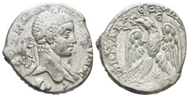 Syria. Antioch. Caracalla AR Tetradrachm, . (25mm, 13,18 g) AD 244-249. Laureate, draped and cuirassed bust right / ΔHMAPX EΞ YΠATOC TO B, eagle stand...