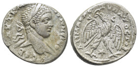 Syria. Antioch. Caracalla AR Tetradrachm, . (26mm, 11,61 g) AD 244-249. Laureate, draped and cuirassed bust right / ΔHMAPX EΞ YΠATOC TO B, eagle stand...