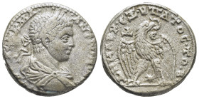 Syria. Antioch. Elagabalus AD 218-222. Tetradrachm, (24mm, 12,7 g) .AVT K M A AN-TWN[EINOC CEB], laureate, draped, and cuirassed bust right / ΔΗΜΑΡΧ Ε...