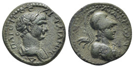 Pamphylia, Attaleia. Trajan. A.D. 98-117. AE. (3.94 Gr. 19mm.)
Laureate and draped bust of Trajan right 
Rev. Bust of Athena wearing Corinthian helmet...